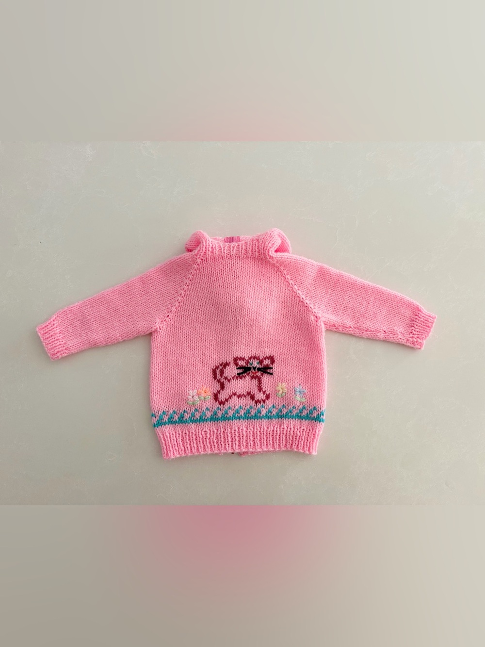 Vintage Hand-Knit Pink Baby Hoodie Sweater with Cat Motif - 6-12M